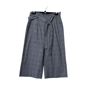 Lungo L'Arno Grey Plaid Wide Leg Cropped Pants Paperbag Waist Tie Belt Size M